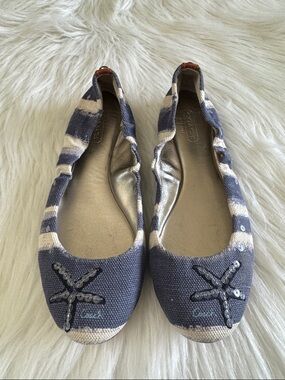Coach Blue & White Striped Sequin Starfish Ballet Flats Size 6.5